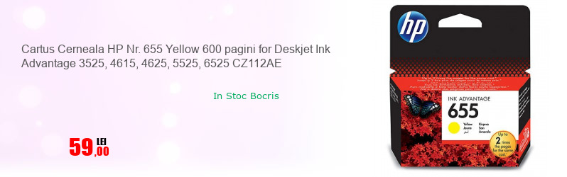 Cartus Cerneala HP Nr. 655 Yellow 600 pagini for Deskjet Ink Advantage 3525, 4615, 4625, 5525, 6525 CZ112AE