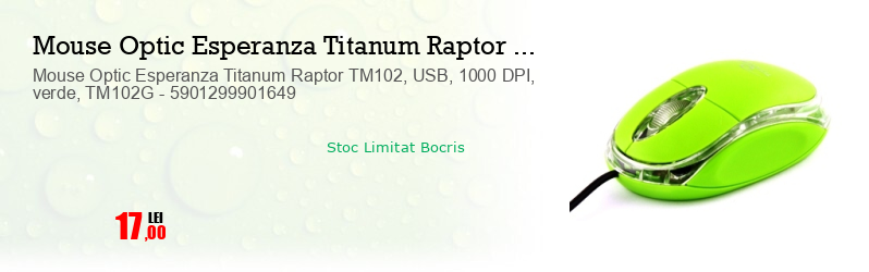 Mouse Optic Esperanza Titanum Raptor TM102, USB, 1000 DPI, verde, TM102G - 5901299901649
