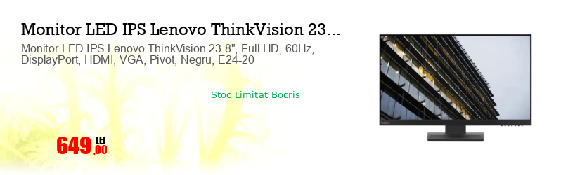 Monitor LED IPS Lenovo ThinkVision 23.8", Full HD, 60Hz, DisplayPort, HDMI, VGA, Pivot, Negru, E24-20 