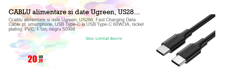 Ccablu alimentare si date Ugreen, US286, Fast Charging Data Cable pt. smartphone, USB Type-C la USB Type-C 60W/3A, nickel plating, PVC, 1.5m, negru 50998