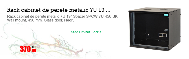 Rack cabinet de perete metalic 7U 19'' Spacer SPCW-7U-450-BK, Wall mount, 450 mm, Glass door, Negru