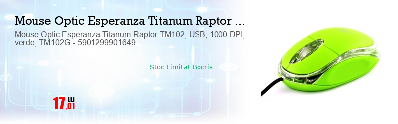 Mouse Optic Esperanza Titanum Raptor TM102, USB, 1000 DPI, verde, TM102G - 5901299901649