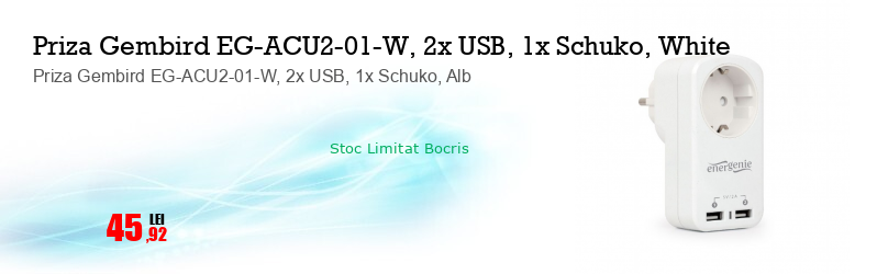 Priza Gembird EG-ACU2-01-W, 2x USB, 1x Schuko, Alb