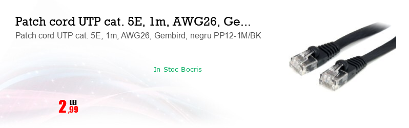Patch cord UTP cat. 5E, 1m, AWG26, Gembird, negru PP12-1M/BK
