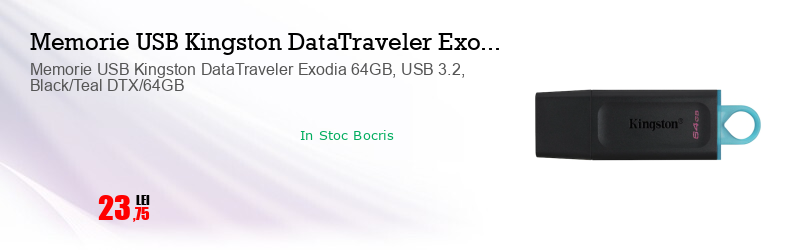 Memorie USB Kingston DataTraveler Exodia 64GB, USB 3.2, Black/Teal DTX/64GB