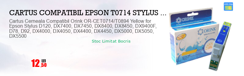 Cartus Cerneala Compatibil Orink OR-CET0714/T0894 Yellow for Epson Stylus D120, DX7400, DX7450, DX8400, DX8450, DX9400F, D78, D92, DX4000, DX4050, DX4400, DX4450, DX5000, DX5050, DX5500