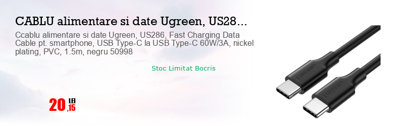 Ccablu alimentare si date Ugreen, US286, Fast Charging Data Cable pt. smartphone, USB Type-C la USB Type-C 60W/3A, nickel plating, PVC, 1.5m, negru 50998