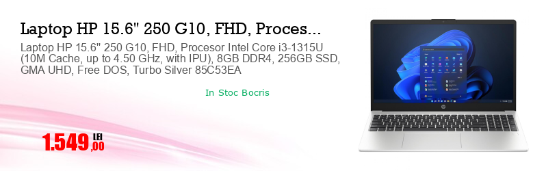 Laptop HP 15.6'' 250 G10, FHD, Procesor Intel Core i3-1315U (10M Cache, up to 4.50 GHz, with IPU), 8GB DDR4, 256GB SSD, GMA UHD, Free DOS, Turbo Silver 85C53EA