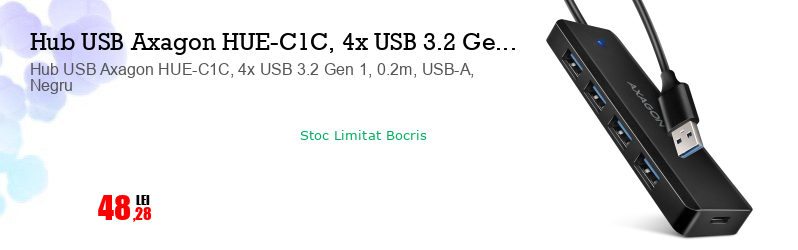 Hub USB Axagon HUE-C1C, 4x USB 3.2 Gen 1, 0.2m, USB-A, Negru