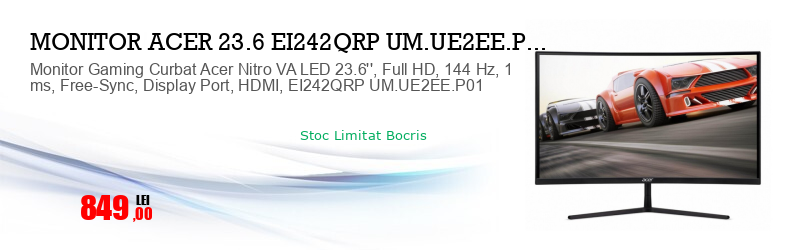 Monitor Gaming Curbat Acer Nitro VA LED 23.6'', Full HD, 144 Hz, 1 ms, Free-Sync, Display Port, HDMI, EI242QRP UM.UE2EE.P01 