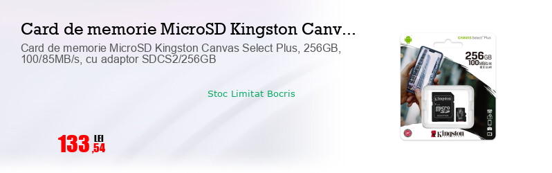 Card de memorie MicroSD Kingston Canvas Select Plus, 256GB, 100/85MB/s, cu adaptor SDCS2/256GB