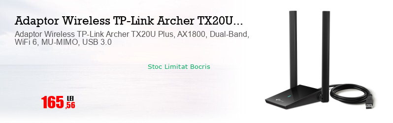 Adaptor Wireless TP-Link Archer TX20U Plus, AX1800, Dual-Band, WiFi 6, MU-MIMO, USB 3.0