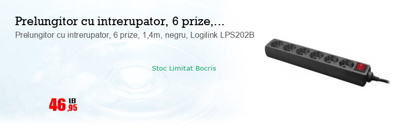 Prelungitor cu intrerupator, 6 prize, 1,4m, negru, Logilink LPS202B