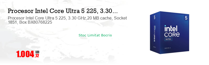 Procesor Intel Core Ultra 5 225, 3.30 GHz,20 MB cache, Socket 1851, Box BX80768225