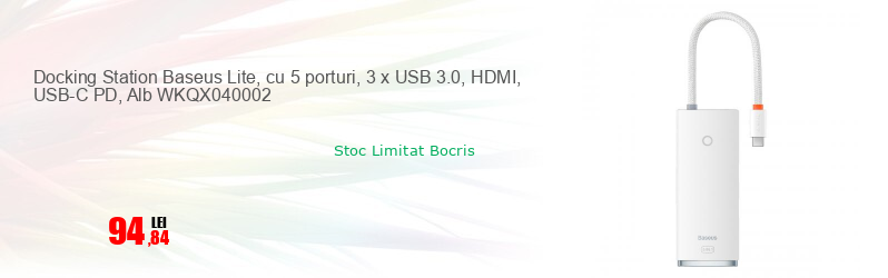Docking Station Baseus Lite, cu 5 porturi, 3 x USB 3.0, HDMI, USB-C PD, Alb WKQX040002