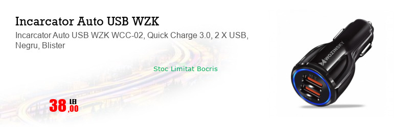 Incarcator Auto USB WZK WCC-02, Quick Charge 3.0, 2 X USB, Negru, Blister