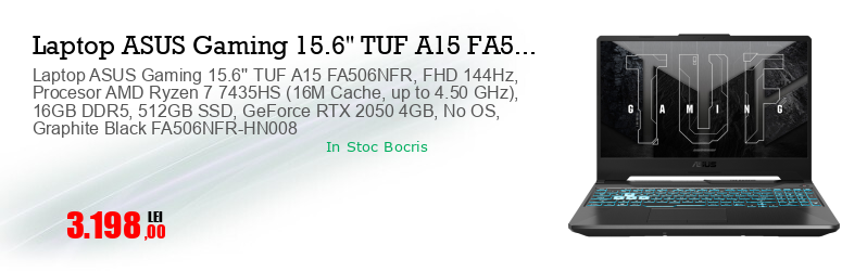 Laptop ASUS Gaming 15.6'' TUF A15 FA506NFR, FHD 144Hz, Procesor AMD Ryzen 7 7435HS (16M Cache, up to 4.50 GHz), 16GB DDR5, 512GB SSD, GeForce RTX 2050 4GB, No OS, Graphite Black FA506NFR-HN008