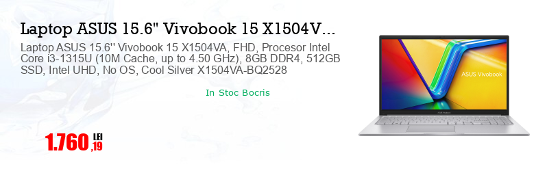 Laptop ASUS 15.6'' Vivobook 15 X1504VA, FHD, Procesor Intel Core i3-1315U (10M Cache, up to 4.50 GHz), 8GB DDR4, 512GB SSD, Intel UHD, No OS, Cool Silver X1504VA-BQ2528