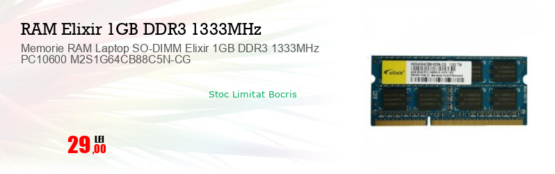Memorie RAM Laptop SO-DIMM Elixir 1GB DDR3 1333MHz PC10600 M2S1G64CB88C5N-CG