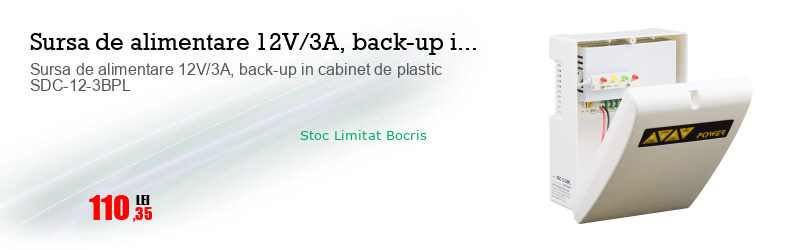 Sursa de alimentare 12V/3A, back-up in cabinet de plastic SDC-12-3BPL