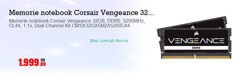 Memorie notebook Corsair Vengeance 32GB, DDR5, 5200MHz, CL44, 1.1v, Dual Channel Kit CMSX32GX5M2A5200C44