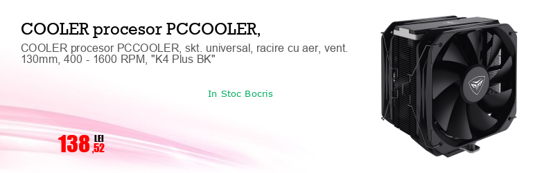 COOLER procesor PCCOOLER, skt. universal, racire cu aer, vent. 130mm, 400 - 1600 RPM, "K4 Plus BK"