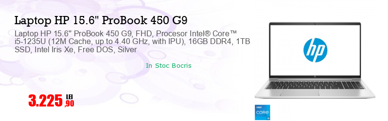 Laptop HP 15.6'' ProBook 450 G9, FHD, Procesor Intel® Core™ i5-1235U (12M Cache, up to 4.40 GHz, with IPU), 16GB DDR4, 1TB SSD, Intel Iris Xe, Free DOS, Silver