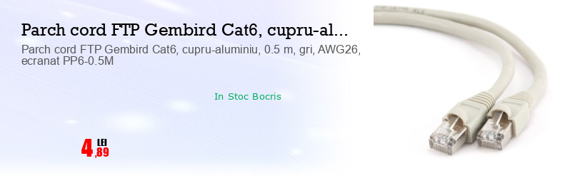 Parch cord FTP Gembird Cat6, cupru-aluminiu, 0.5 m, gri, AWG26, ecranat PP6-0.5M