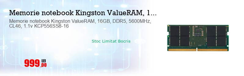 Memorie notebook Kingston ValueRAM, 16GB, DDR5, 5600MHz, CL46, 1.1v KCP556SS8-16