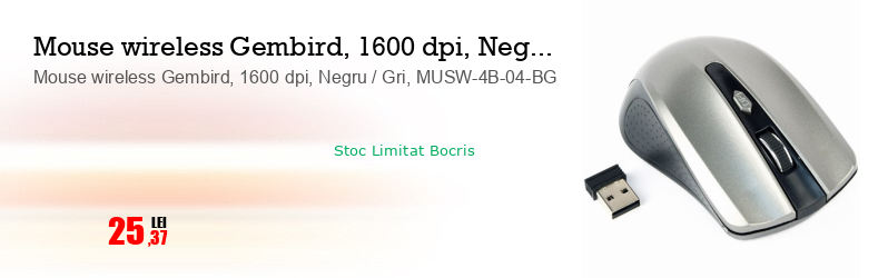 Mouse wireless Gembird, 1600 dpi, Negru / Gri, MUSW-4B-04-BG