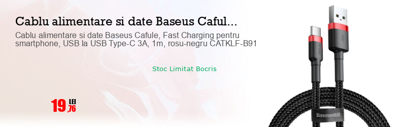 Cablu alimentare si date Baseus Cafule, Fast Charging pentru smartphone, USB la USB Type-C 3A, 1m, rosu-negru CATKLF-B91