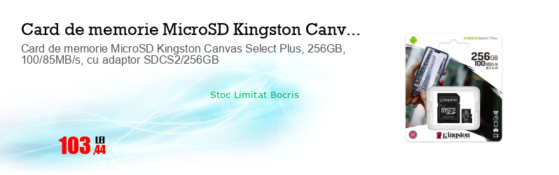 Card de memorie MicroSD Kingston Canvas Select Plus, 256GB, 100/85MB/s, cu adaptor SDCS2/256GB