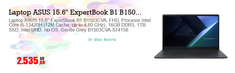 Laptop ASUS 15.6'' ExpertBook B1 B1503CVA, FHD, Procesor Intel Core i5-13420H (12M Cache, up to 4.60 GHz), 16GB DDR5, 1TB SSD, Intel UHD, No OS, Gentle Grey B1503CVA-S74156