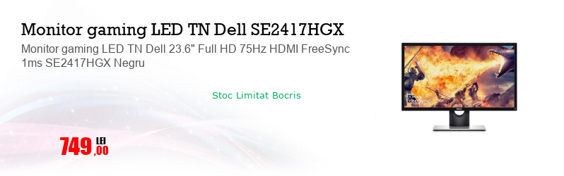 Monitor gaming LED TN Dell 23.6" Full HD 75Hz HDMI FreeSync 1ms SE2417HGX Negru