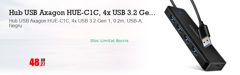 Hub USB Axagon HUE-C1C, 4x USB 3.2 Gen 1, 0.2m, USB-A, Negru