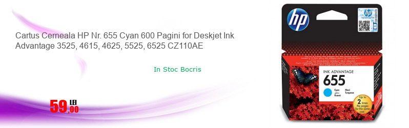 Cartus Cerneala HP Nr. 655 Cyan 600 Pagini for Deskjet Ink Advantage 3525, 4615, 4625, 5525, 6525 CZ110AE