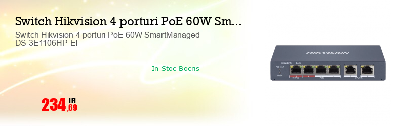Switch Hikvision 4 porturi PoE 60W SmartManaged DS-3E1106HP-EI