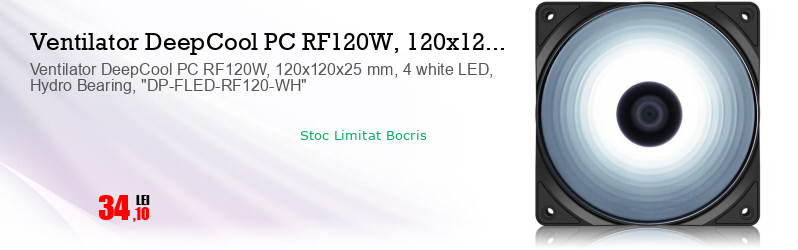 Ventilator DeepCool PC RF120W, 120x120x25 mm, 4 white LED, Hydro Bearing, "DP-FLED-RF120-WH"
