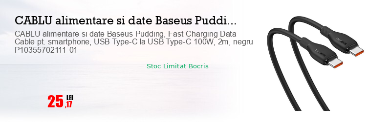 CABLU alimentare si date Baseus Pudding, Fast Charging Data Cable pt. smartphone, USB Type-C la USB Type-C 100W, 2m, negru P10355702111-01