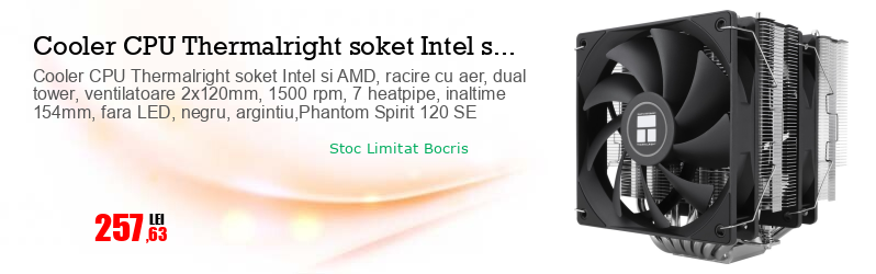 Cooler CPU Thermalright soket Intel si AMD, racire cu aer, dual tower, ventilatoare 2x120mm, 1500 rpm, 7 heatpipe, inaltime 154mm, fara LED, negru, argintiu,Phantom Spirit 120 SE