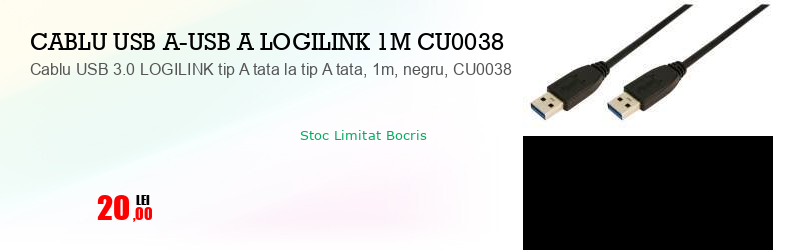 Cablu USB 3.0 LOGILINK tip A tata la tip A tata, 1m, negru, CU0038