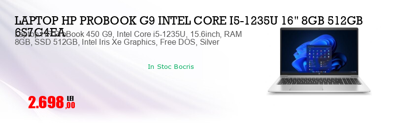 Laptop HP ProBook 450 G9, Intel Core i5-1235U, 15.6inch, RAM 8GB, SSD 512GB, Intel Iris Xe Graphics, Free DOS, Silver