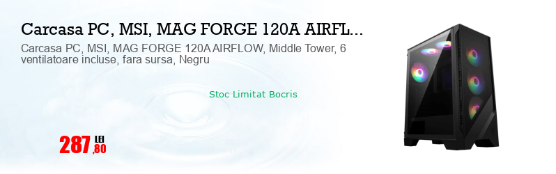 Carcasa PC, MSI, MAG FORGE 120A AIRFLOW, Middle Tower, 6 ventilatoare incluse, fara sursa, Negru