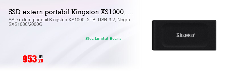 SSD extern portabil Kingston XS1000, 2TB, USB 3.2, Negru SXS1000/2000G