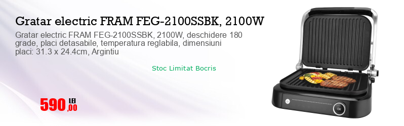 Gratar electric FRAM FEG-2100SSBK, 2100W, deschidere 180 grade, placi detasabile, temperatura reglabila, dimensiuni placi: 31.3 x 24.4cm, Argintiu