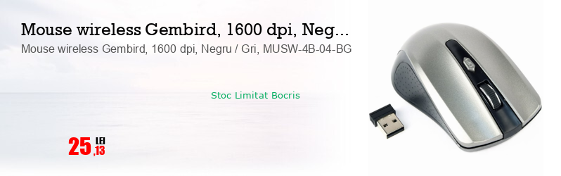 Mouse wireless Gembird, 1600 dpi, Negru / Gri, MUSW-4B-04-BG