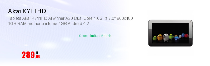 Tableta Akai K711HD Allwinner A20 Dual Core 1.0GHz 7.0" 800x480 1GB RAM memorie interna 4GB Android 4.2