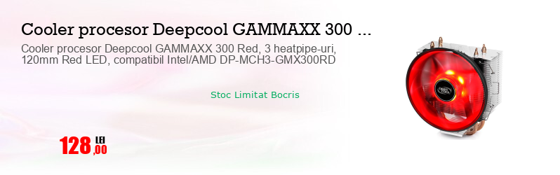 Cooler procesor Deepcool GAMMAXX 300 Red, 3 heatpipe-uri, 120mm Red LED, compatibil Intel/AMD DP-MCH3-GMX300RD