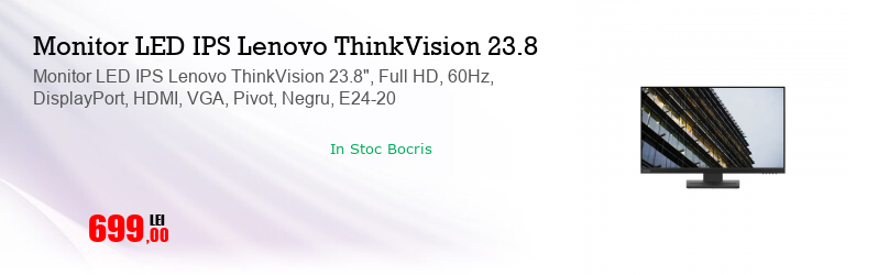 Monitor LED IPS Lenovo ThinkVision 23.8", Full HD, 60Hz, DisplayPort, HDMI, VGA, Pivot, Negru, E24-20