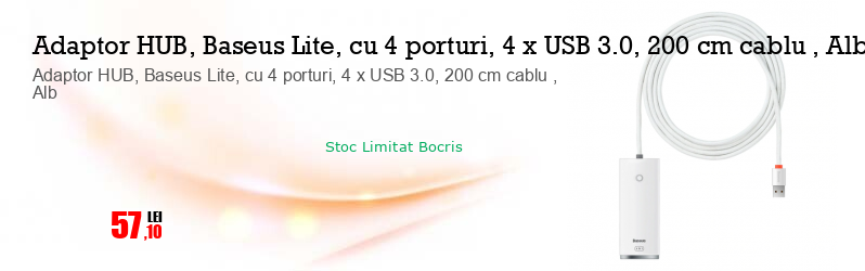 Adaptor HUB, Baseus Lite, cu 4 porturi, 4 x USB 3.0, 200 cm cablu , Alb